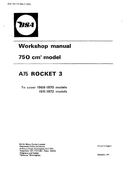 BSA A75 ROCKET III MOTORCYCLE 69-72 WORKSHOP MANUAL 237 PAGES ENG