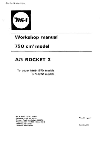 BSA A75 ROCKET III MOTORCYCLE 69-72 WORKSHOP MANUAL 237 PAGES ENG