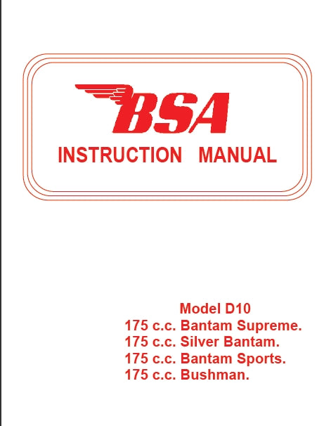 BSA D10 175 BANTAM MOTORCYCLE INSTRUCTION MANUAL 37 PAGES ENG
