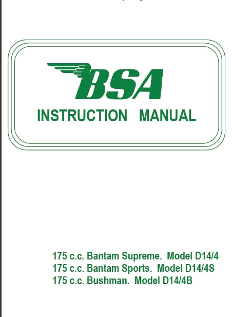 BSA D14 175 BANTAM MOTORCYCLE INSTRUCTION MANUAL 37 PAGES ENG