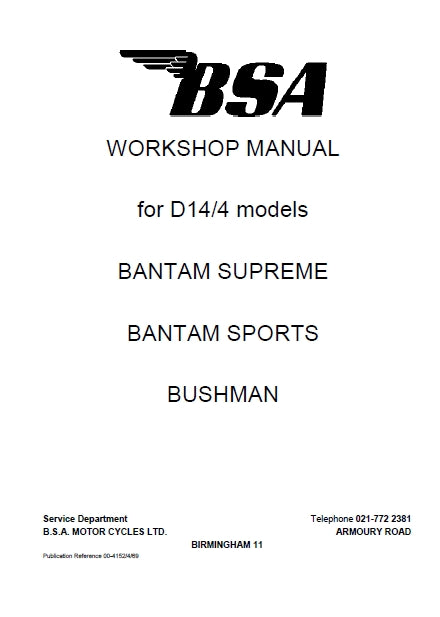 BSA D14 BANTAM SUPREM BANTAM SPORTS BUSHMAN MOTORCYCLE WORKSHOP MANUAL 120 PAGES ENG