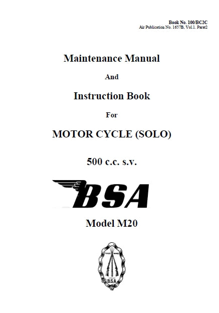 BSA M20 MOTORCYCLE MAINTENANCE MANUAL AND INSTRUCTION BOOK 52 PAGES ENG