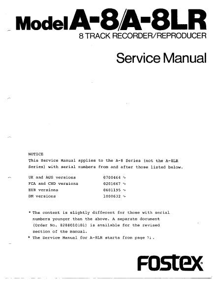 FOSTEX A-8 A-8LR 8 TRACK RECORDER/REPRODUCER SERVICE MANUAL 95 PAGES ENGLISH
