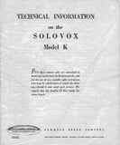 HAMMOND MODEL K SOLOVOX ORGAN TECHNICAL INFORMATION 20 PAGES ENGLISH