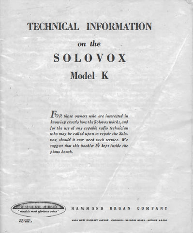 HAMMOND MODEL K SOLOVOX ORGAN TECHNICAL INFORMATION 20 PAGES ENGLISH