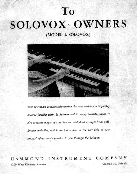 HAMMOND MODEL L SOLOVOX ORGAN OWNER'S MANUAL 15 PAGES ENGLISH