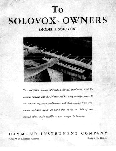 HAMMOND MODEL L SOLOVOX ORGAN OWNER'S MANUAL 15 PAGES ENGLISH