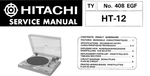 HITACHI HT-12 BELT DRIVE TURNTABLE SERVICE MANUAL INC PCBS SCHEM DIAG AND PARTS LIST 8 PAGES ENG