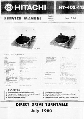 HITACHI HT-40S HT-41S DIRECT DRIVE TURNTABLE SERVICE MANUAL INC PCBS SCHEM DIAGS AND PARTS LIST 10 PAGES ENG DEUT FRANC