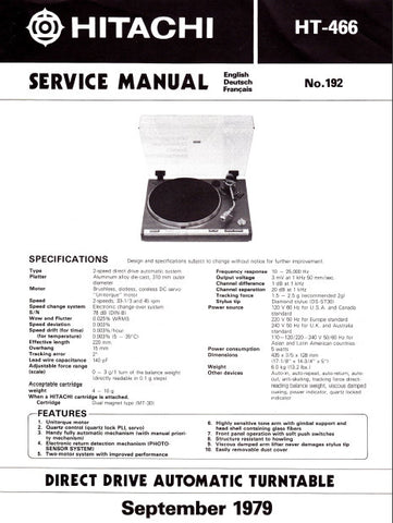 HITACHI HT-466 DIRECT DRIVE AUTOMATIC TURNTABLE SERVICE MANUAL INC BLK DIAG PCB SCHEM DIAG TRSHOOT GUIDE AND PARTS LIST 28 PAGES ENG