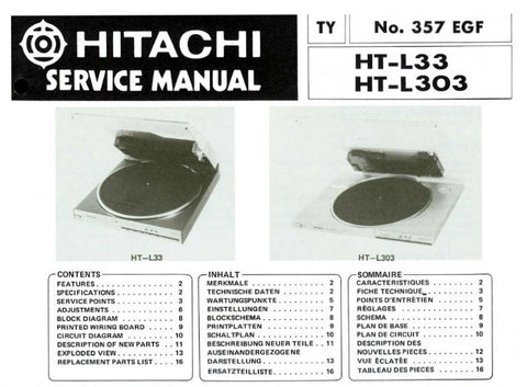 HITACHI HT-L33 HT-L303 LINEAR TRACKING BELT DRIVE AUTOMATIC TURNTABLE SERVICE MANUAL INC BLK DIAG PCBS SCHEM DIAG AND PARTS LIST 18 PAGES ENG