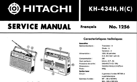 HITACHI KH-434H FM AM 2 BAND PORTABLE RADIO SERVICE MANUAL INC DIAL CORD STRINGING BLK DIAG PCB SCHEM DIAG AND PARTS LIST 8 PAGES FRANC