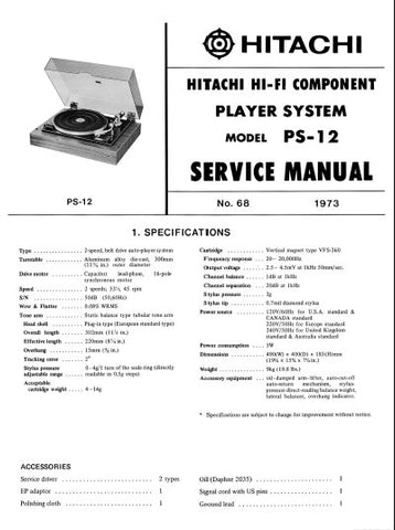 HITACHI PS-12 BELT DRIVE TURNTABLE SERVICE MANUAL INC TRSHOOT GUIDE SCHEM DIAGS AND PARTS LIST 10 PAGES ENG