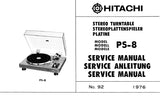 HITACHI PS-8 BELT DRIVE STEREO TURNTABLE SERVICE MANUAL INC PCB AND SCHEM DIAG 16 PAGES ENG DEUT FRANC