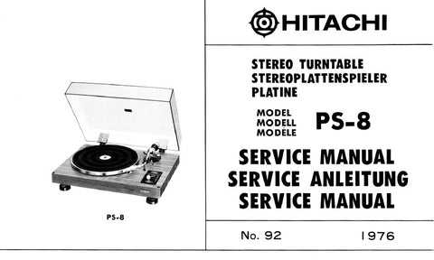 HITACHI PS-8 BELT DRIVE STEREO TURNTABLE SERVICE MANUAL INC PCB AND SCHEM DIAG 16 PAGES ENG DEUT FRANC