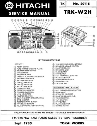 HITACHI TRK-W2H FM SW2 SW1 AM RADIO CASSETTE TAPE RECORDER SERVICE MANUAL INC DIAL CORD STRINGING PCBS SCHEM DIAGS AND PARTS LIST 24 PAGES ENG
