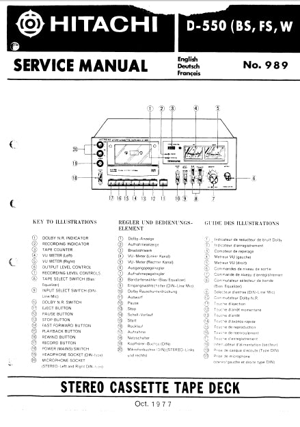 HITACHI D-550 STEREO CASSETTE TAPE DECK SERVICE MANUAL INC SCHEM DIAGS 53 PAGES ENG DEUT FRANC