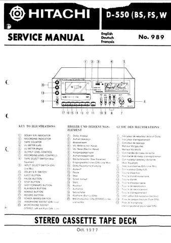 HITACHI D-550 STEREO CASSETTE TAPE DECK SERVICE MANUAL INC SCHEM DIAGS 53 PAGES ENG DEUT FRANC