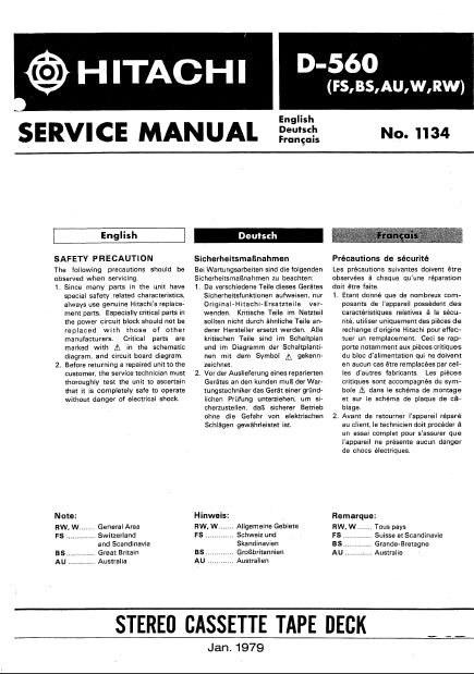 HITACHI D-560 STEREO CASSETTE TAPE DECK SERVICE MANUAL INC SCHEM DIAGS 22 PAGES ENG DEUT FRANC