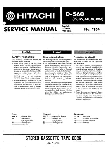 HITACHI D-560 STEREO CASSETTE TAPE DECK SERVICE MANUAL INC SCHEM DIAGS 22 PAGES ENG DEUT FRANC