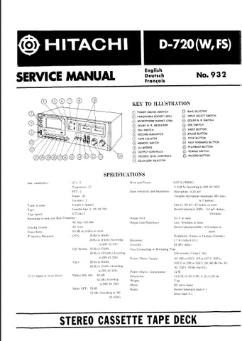 HITACHI D-720 STEREO CASSETTE TAPE DECK SERVICE MANUAL INC SCHEM DIAGS 48 PAGES ENG DEUT FRANC