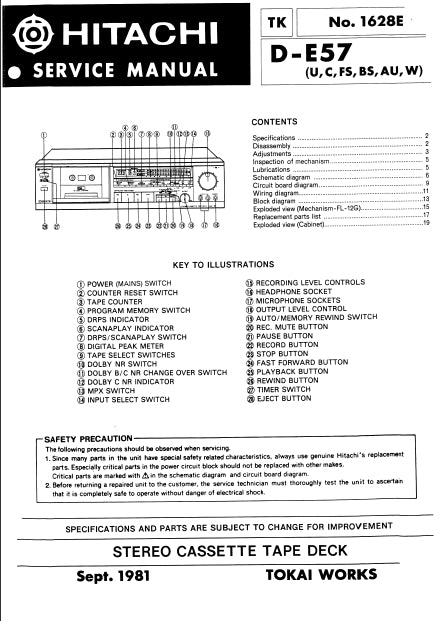 HITACHI D-E57 STEREO CASSETTE TAPE DECK SERVICE MANUAL INC SCHEM DIAGS 14 PAGES ENG