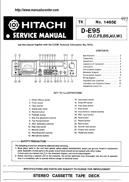 HITACHI D-E95 STEREO CASSETTE TAPE DECK SERVICE MANUAL INC SCHEM DIAGS 26 PAGES ENG