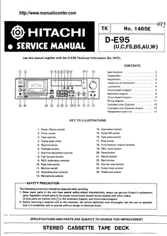 HITACHI D-E95 STEREO CASSETTE TAPE DECK SERVICE MANUAL INC SCHEM DIAGS 26 PAGES ENG