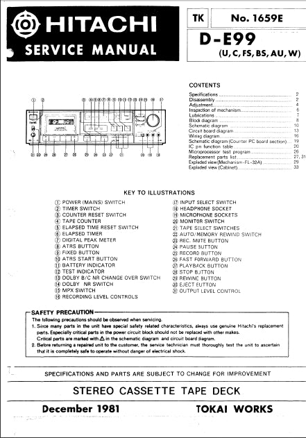 HITACHI D-E99 STEREO CASSETTE TAPE DECK SERVICE MANUAL INC SCHEM DIAGS 28 PAGES ENG