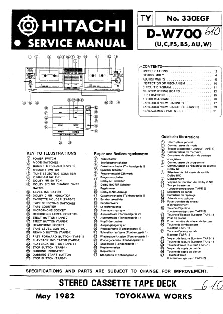 HITACHI D-W700 STEREO CASSETTE TAPE DECK SERVICE MANUAL INC SCHEM DIAGS 21 PAGES ENG