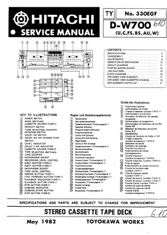 HITACHI D-W700 STEREO CASSETTE TAPE DECK SERVICE MANUAL INC SCHEM DIAGS 21 PAGES ENG