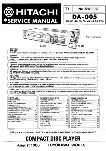 HITACHI DA-005 CD PLAYER SERVICE MANUAL INC SCHEM DIAGS 82 PAGES ENG