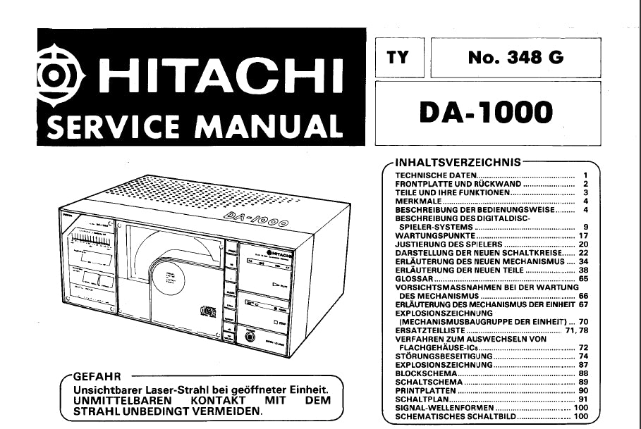 HITACHI DA-1000 DIGITAL AUDIO DISC PLAYER SERVICE MANUAL INCLUDING SCHEMATIC DIAGRAMS 140 SEITE DEUT