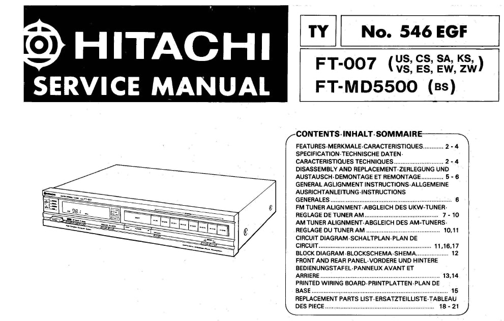 HITACHI FT-007 AM FM STEREO TUNER SERVICE MANUAL INC SCHEM DIAGS 16 PAGES ENG DEUT FRANC