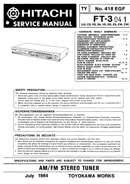 HITACHI FT-3 AM FM STEREO TUNER SERVICE MANUAL INC SCHEM DIAGS 18 PAGES ENG DEUT FRANC