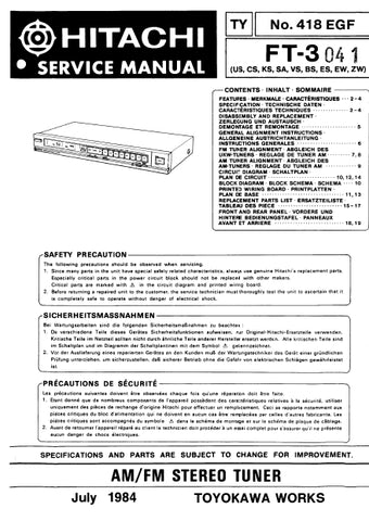 HITACHI FT-3 AM FM STEREO TUNER SERVICE MANUAL INC SCHEM DIAGS 18 PAGES ENG DEUT FRANC