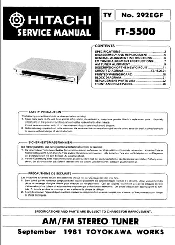 HITACHI FT-5500 AM FM STEREO TUNER SERVICE MANUAL INC SCHEM DIAGS 20 PAGES ENG DEUT FRANC