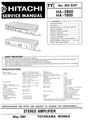 HITACHI HA-2800 HA-1800 STEREO AMPLIFIER SERVICE MANUAL INCLUDING SCHEMATIC DIAGRAMS ENG DEUT FRANC