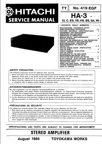 HITACHI HA-3 STEREO AMPLIFIER SERVICE MANUAL INCLUDING SCHEMATIC DIAGRAMS ENG DEUT FRANC