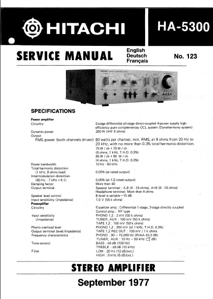 HITACHI HA-5300 STEREO AMPLIFIER SERVICE MANUAL INCLUDING SCHEMATIC DIAGRAMS ENG DEUT FRANC