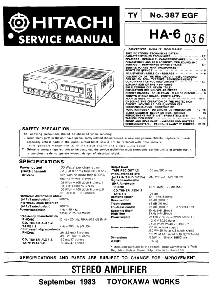 HITACHI HA-6 STEREO AMPLIFIER SERVICE MANUAL INCLUDING SCHEMATIC DIAGRAMS ENG DEUT FRANC