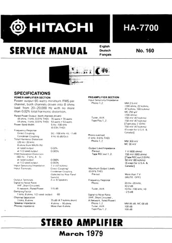 HITACHI HA-7700 STEREO AMPLIFIER SERVICE MANUAL INCLUDING SCHEMATIC DIAGRAMS ENG DEUT FRANC