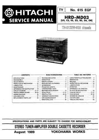 HITACHI HRD-MD03 STEREO TUNER-AMPLIFIER DOUBLE CASSETTE RECORDER SERVICE MANUAL INC SCHEM DIAGS 38 PAGES ENG