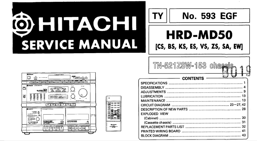 HITACHI HRD-MD50 STEREO TUNER-AMPLIFIER DOUBLE CASSETTE RECORDER SERVICE MANUAL INC SCHEM DIAGS 38 PAGES ENG