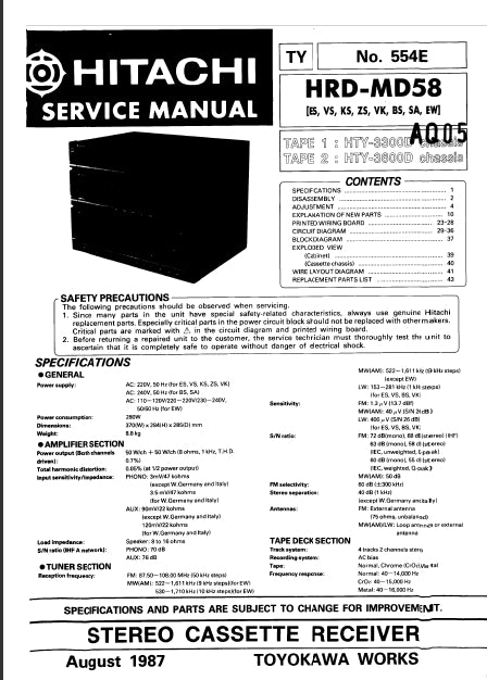 HITACHI HRD-MD58 STEREO CASSETTE RECEIVER SERVICE MANUAL INC SCHEMATIC DIAGRAMS  32 PAGES ENG