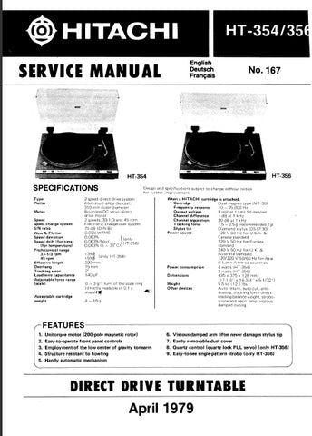 HITACHI HT-354 HT-356 DIRECT DRIVE TURNTABLE SERVICE MANUAL INC SCHEM DIAGS 16 PAGES ENG