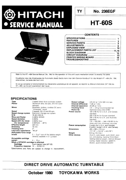 HITACHI HT-60S DIRECT DRIVE AUTOMATIC TURNTABLE SERVICE MANUAL INC SCHEM DIAGS 24 PAGES ENG DEUT FRANC