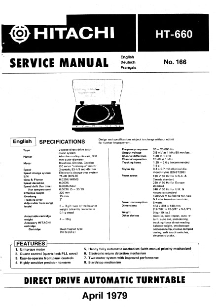 HITACHI HT-660 DIRECT DRIVE AUTOMATIC TURNTABLE SERVICE MANUAL INC SCHEM DIAGS 18 PAGES ENG DEUT FRANC