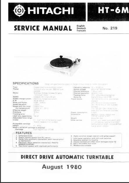 HITACHI HT-6M DIRECT DRIVE AUTOMATIC TURNTABLE SERVICE MANUAL INC SCHEM DIAGS 24 PAGES ENG DEUT FRANC