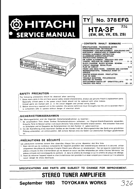 HITACHI HTA-3F STEREO TUNER AMPLIFIER SERVICE MANUAL INC SCHEMATIC DIAGRAMS 19 PAGES ENG DEUT FRANC